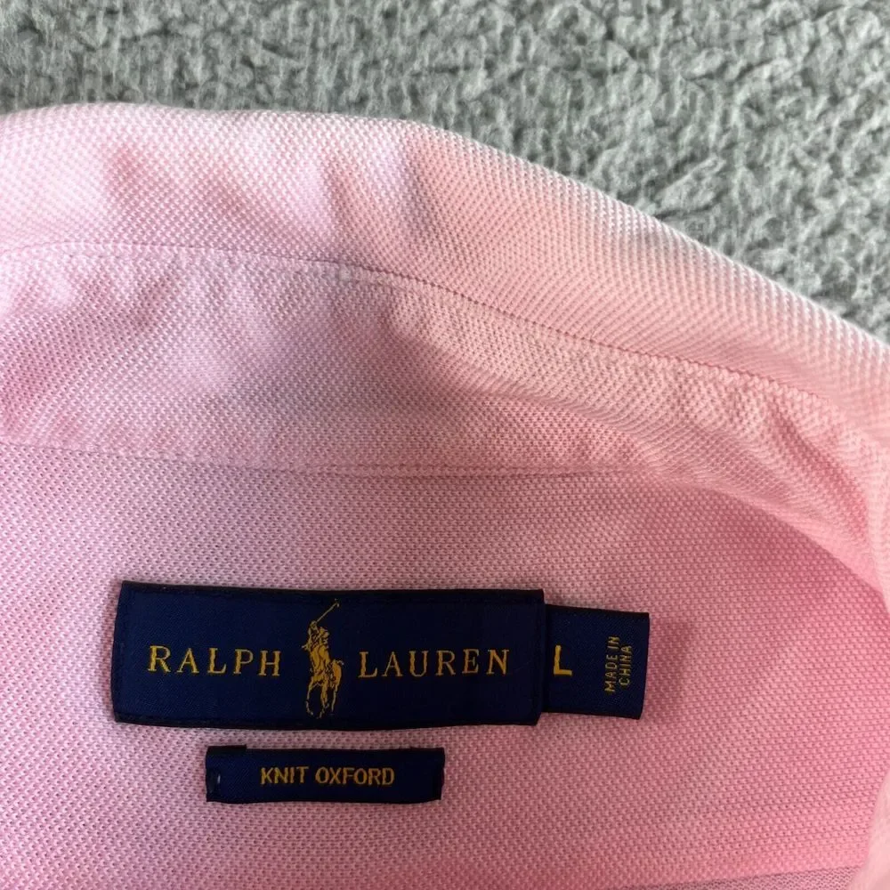 Ralph Lauren Polo Shirt Mens Large‎ Pink Knit Oxford Casual Preppy Button Down